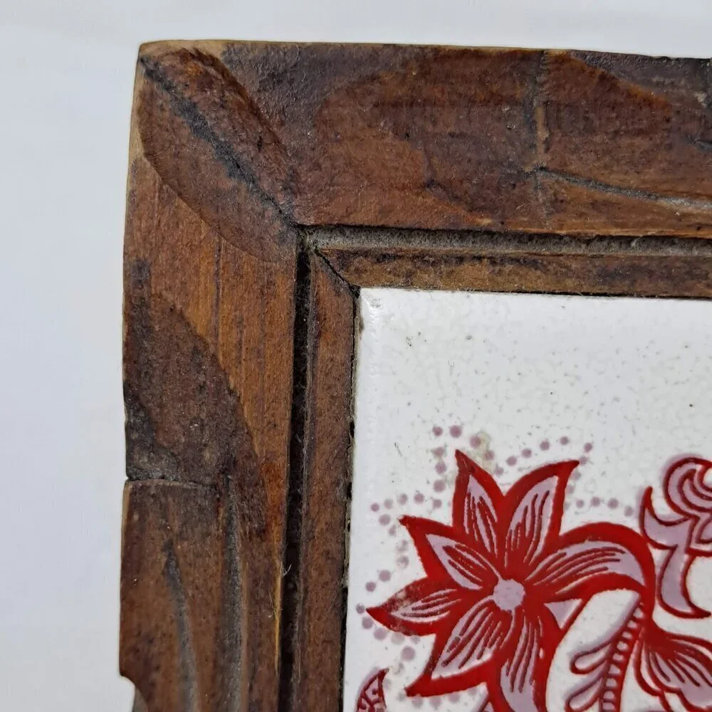 Vintage Red White Mexican Tile Wood Framed Trivet Feet Decor Decoration Kitchen